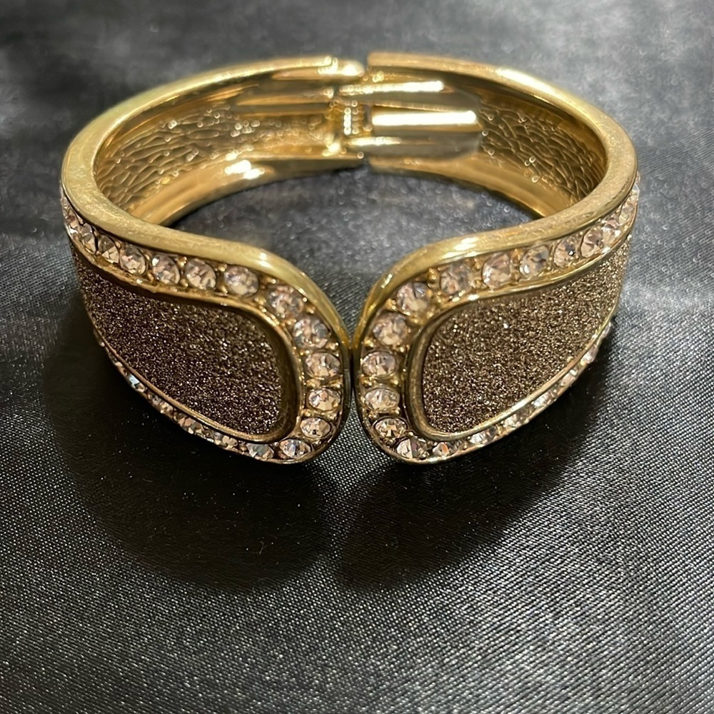 Gold tone Bronze Sparkle Cuff Bangle With Cubic Zirconia Stones